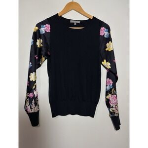 Neiman Marcus Sweater Womens XS Navy Cashmere Silk Blend Floral Mixed Media Top